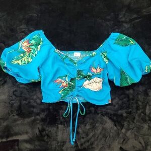 SO Tropical Floral Blue Puff Sleeve Top